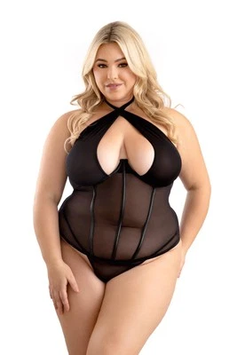 Fantasy Lingerie Queen Leatherette Halter Tie Lace Up Back Corset Set Black - Image 1 of 2