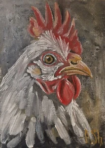 Original oil painting chichen hen rooster harm birds fine art 5x7" - Picture 1 of 8