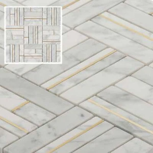 Carrara White Marble Stone Gold Metal Inlay Parquet Kitchen Bath Tile Backsplash - Picture 1 of 7