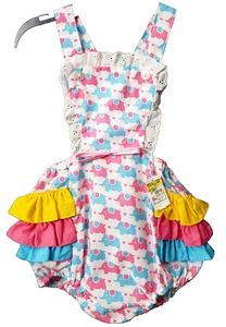 Easter Elephant Ruffle Bottom Romper 4 4T 3 3T Overalls Bubble Pink Lace Vintage - Picture 1 of 4