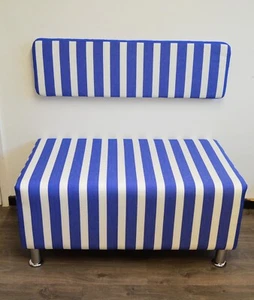 2 Str High Footstool With Wall Back Cushion in Coastal Blue Stripe Fabric - Picture 1 of 6