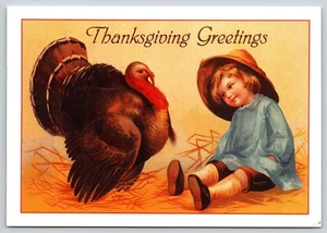 Postal Acción de Gracias Saludos Pavo con Arte de Niña Joven - Imagen 1 de 2