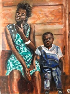 Original African American Painting Black Art Oil Mother Son Unframed Signed - Picture 1 of 13