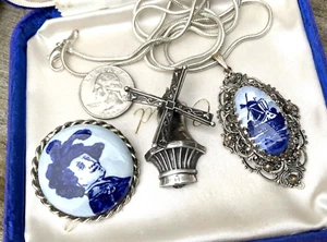 Vintage BLUE DUTCH DELFT POTTERY, LANG STERLING Pendant Pins REMBRANDT WINDMILLS - Picture 1 of 9