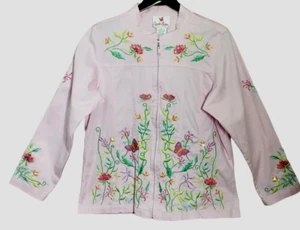 Quacker Factory Pink Jean Jacket Size Large Zip Up Embroidered Floral Butterfly - Picture 1 of 10