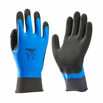 (1-pr) Showa 306-8/L Rubber Water Resistant Work Gloves Black/Blue (HR)