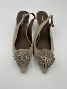 Donald J Pliner Floria Slingback Kitten Heels Beige Suede Fringe Pom Pom 11M - Picture 1 of 7