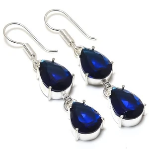 Blue Tanzanite Gemstone Handmade 925 Sterling silver Jewelry Earring Size 2.2" - Picture 1 of 1
