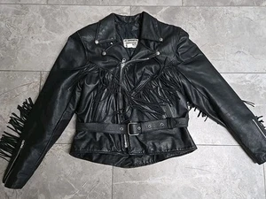 Vintage USA Dallas Premium Black Leather Fringe Biker Floral Jacket Women 14 - Picture 1 of 4