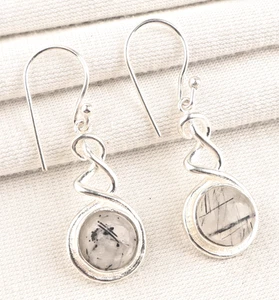 Black Rutile Quartz Gemstone 925 Sterling Silver Handmade Jewelry Earrings 1.67 - Picture 1 of 6