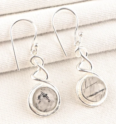 Black Rutile Quartz Gemstone 925 Sterling Silver Handmade Jewelry Earrings 1.67 - Image 1 of 4