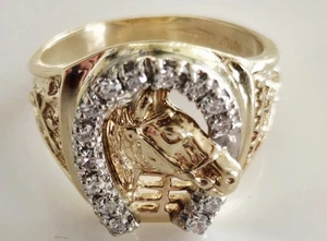 Natural DIAMOND Horse Head HORSESHOE Winners Circle 14K Gold Pinky Ring SZ 7.5 - Picture 1 of 10