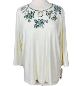 Alfred Dunner Wisteria Lane Pullover 3/4-Arm Blumen bestickt Ausschnitt Oberteil - Bild 1 von 8