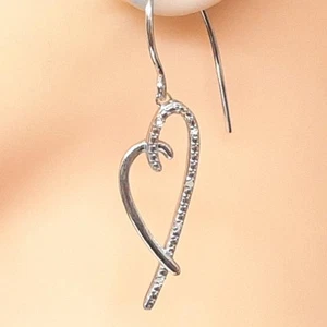 Genuine .10ctw Diamond 925 Sterling Silver Hook Dangle Heart Earrings - Picture 1 of 4