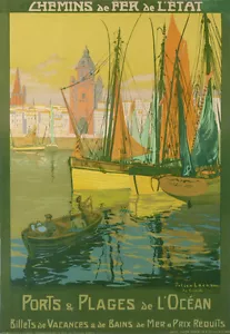 JULIEN LACAZE POSTER VINTAGE PORT ET PLAGES DE L'OCEAN LA ROCHELLE 1914 - Foto 1 di 1