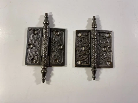 Set 2 Vintage Steeple Tip Door Hinges Victorian 3 x 3" Ornate Gray Pins Cover
