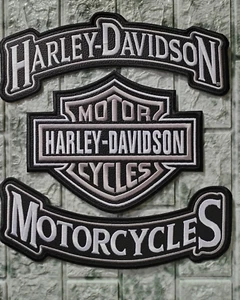 HARLEY DAVIDSON STYLE PATCHES TO SEW ON MOTORCYCLE JACKET BACK + ROCKERS 3 PCS - Picture 1 of 7