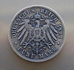 RARE 1894-A German Silver (Five) Funf Mark ~ 90% Silver - Picture 1 of 2