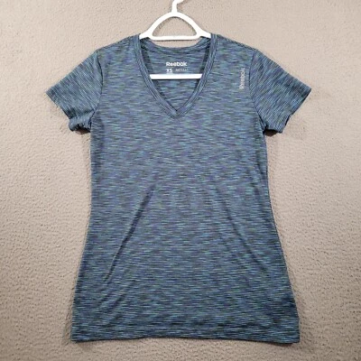 锐步衬衫女式超小号蓝色条纹运动休闲 Vneck Speedwick T 恤 — 第 1/4 张图片