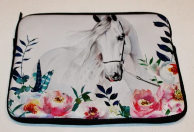 laptop computer tablet sleeve case zippered (10"x13") white horse flowers - Image 1 of 4