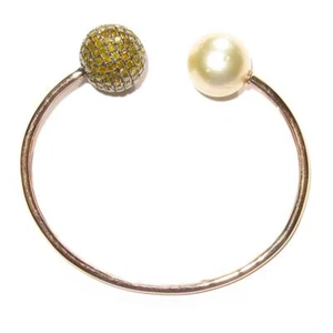 16.88ct Treated Yellow Diamond Pearl Beads Torque Bangle With 18k Gold - Picture 1 of 3