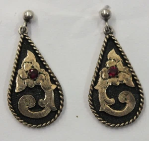 Vintage VOGT Mexico Sterling Silver, 10K Gold & Ruby Dangle Earrings Western - Picture 1 of 3