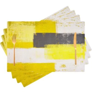 Yellow Placemats Set of 4 Modern White Place Mats Indoor Abstract Art Linen T... - Picture 1 of 7