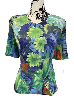 Womens Vintage Top Sz 16 Blue Green Jungle Parrot Floral Blouse Shirt 80’s 90’s - Image 1 of 4