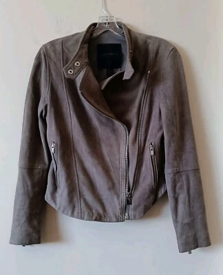 Chaqueta de moto de cuero de cabra Club Monaco de colección color topo tostado talla pequeña  Foto 1 de 4