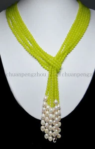 3 Strands 4mm Green Peridot & 7-8mm White Rice Pearl Beads Long Necklace 50'' - Picture 1 of 3