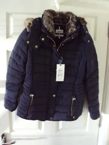 JOULES Gosway Marine Navy Fur Trim Hooded Padded Coat Size: UK 14 RRP £169 BNWT - Picture 1 of 3