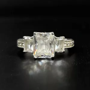 Vanna K CZ 925 Sterling Silver Ring Size 9 Emerald Cut 3 Stone+ Filigree Band - Picture 1 of 17