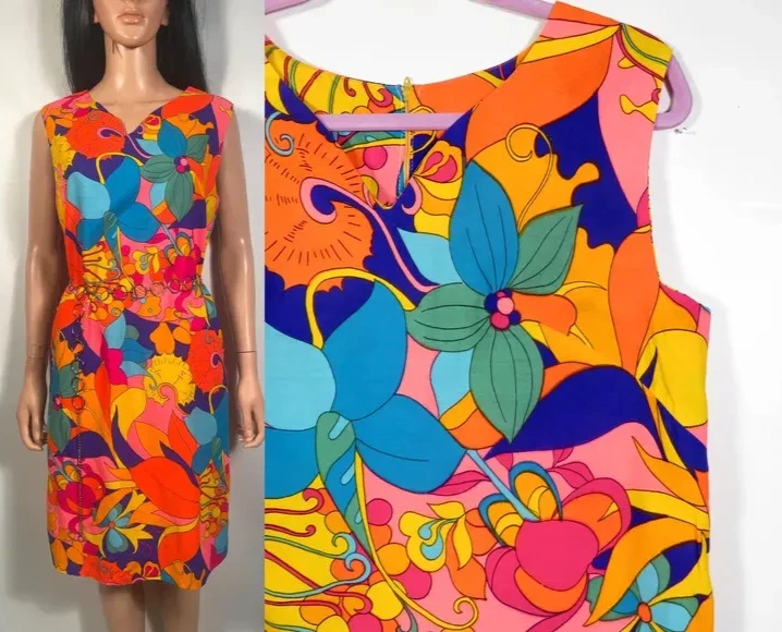 Vintage 60's/70's Bright Bold Psychedelic Floral Print Shift Dress Size M/L - Image 1 of 4