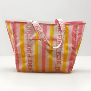 Victoria's Secret Pink Logo Stripes Large Beach Tote Bag Pink, Yellow, White - Picture 1 of 4