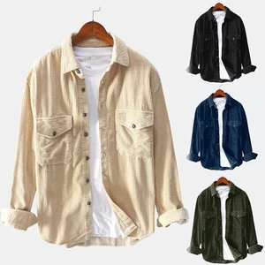 Hombres Moda Pana Manga Larga Camisa Solapa Informal Suelto Sólido Top Chaqueta Abrigo - Imagen 1 de 10