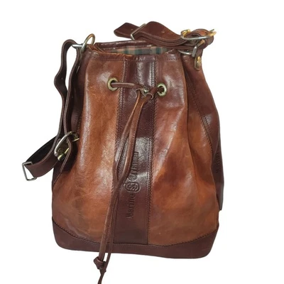 Bolso Cubo Italiano de Cuero Marino Orlandi NewBuck Coñac Cordón Cartera Tartán Foto 1 de 4