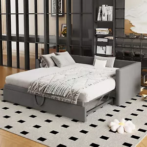 Upholstered Daybed w/Pull Out Trundle, 3FT Single Bed, Double Bed Frame Sofa Bed - Picture 1 of 16