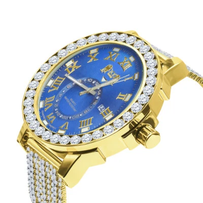 Blue Sapphire Solitaire Real Diamond 18K Gold Finish Roman Dial Band Bezel Watch - Image 1 of 4
