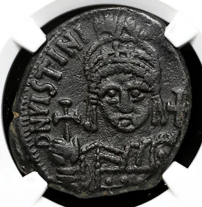 BYZANTINE. Justinian I, AD 527-565. Æ Half Follis, NGC XF - Picture 1 of 4