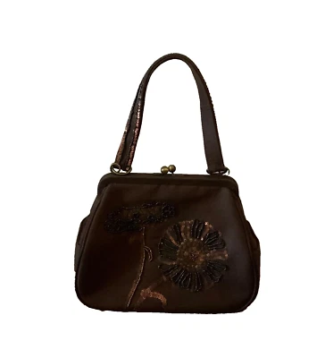 Bolso Talbots Marrón Seda Lentejuelas Cuentas Floral Cierre de Beso Vacaciones Noche Usado Foto 1 de 4