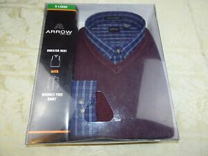 NEW Arrow Sweater Vest Long Sleeve Blue Plaid Button Up Burgundy XL Men X-Large