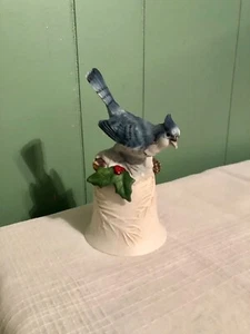 Beautiful Ceramic Dinner Bell Bluebird Blue Jay Winter Christmas Decor Holly - Picture 1 of 6