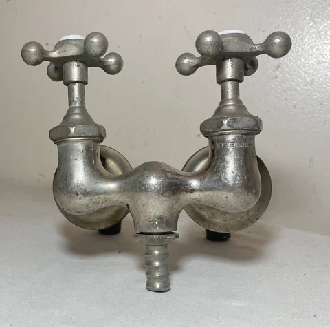 RARE antique 1800's solid wall chrome nickel porcelain dual spout faucet sink Cover