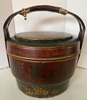 antique Chinese hand painted lacquer wood bamboo lidded food box/wedding basket