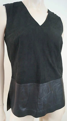 VINCE Black Suede & Leather V Neck Sleeveless Tank Vest Top 4 UK8 BNWT RRP £460 - Image 1 of 4