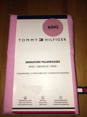 TOMMY HILFIGER Signature KING PILLOWCASES Pink Cotton Percale New - Image 1 of 4