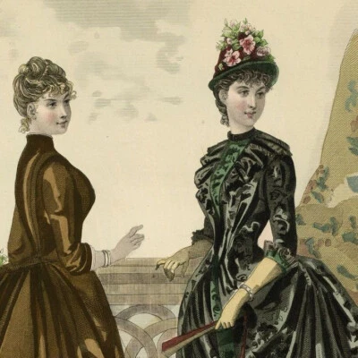 La mode illustrée Couture Chapeau Fleuri Fleurs Gravure Aquarelle originale 1885 - Photo 1/3