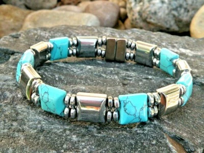 Silver Magnetic Therapy Hematite Triple Power Chalk Turquoise Bracelet Anklet - Image 1 of 3