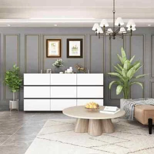 Black & White Wooden Dresser, 9-Drawer Bedroom Cabinet, 63 in. Wide Storage Unit - Picture 1 of 8