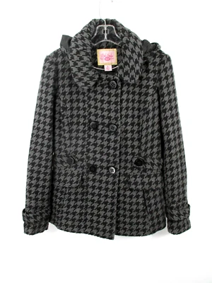 PINK ENVELOPE Short Coat Women Large Gray Black Herringbone Hooded Wool Blend - Image 1 of 4